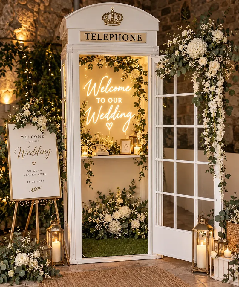 London Booth: bijela telefonska kabina u prirodnoj veličini s cvijećem i neon natpisom